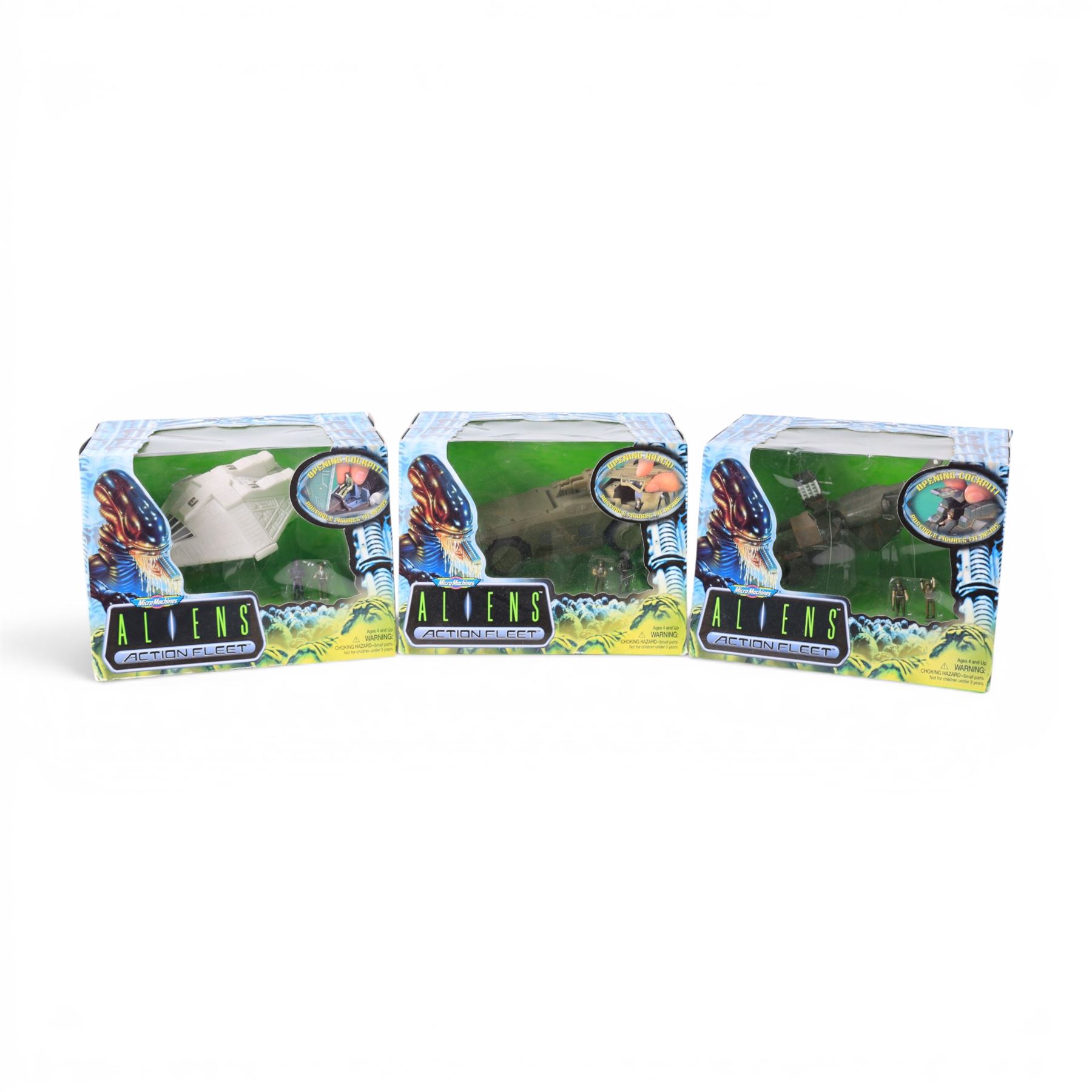 Three Galoob Aliens Action Fleet micromachines, comprising Drop Ship, Narcissus and Armoured Personnel Carrier, all boxed