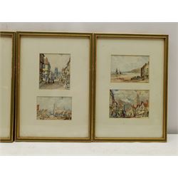 C Jones (British mid 20th century): Land and Townscape Views, set eight miniature watercolours framed as four, max 10cm x 9cm (4)