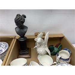 Johnson Bros Indies pattern tea and dinner wares, painted metal female bust on wooden plinth, three radios including one Roberts, Zenit B camera body, Polaroid 1000 land camera, Lorus wristwatch, and other ceramics etc, in four boxes