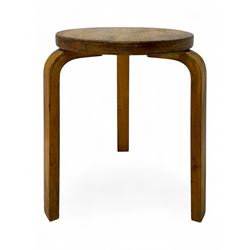 Alvar Aalto for Finmar - mid-20th century Finnish birch circular stool, the seat supported by three bentwood supports, applied label to the underside 