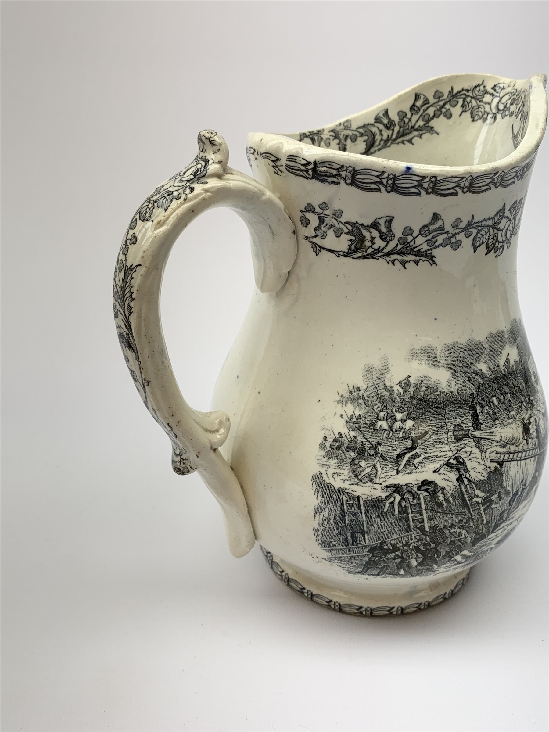 A 19th century Staffordshire pottery pearlware Crimea commemorative jug, black transfer printed with battle scenes, entitled Battle of Alma, Charge of the Highlanders, and Storming the Malakhofi, H18cm. 