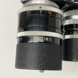 Paillard Bolex H16 RX5 cine camera body with turret for interchangeable lenses, serial no. 232492, with 'Switar H16RX 50mm f1.4' lens, serial no. 667880, 'Switar H16RX 25mm f1.4' lens, serial no.675510, 'Switar H16RX 16mm f1.8' lens, serial no. 884046 and RX fader, in fitted leather carrying case