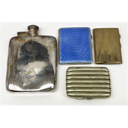 A silver plated hip flash, H14cm, together with a guilloche enamel and silver plated cigarette case, a silk plated cigar case, and further base metal example. (4). 
