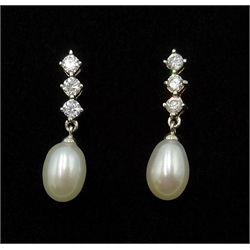  Pair of silver pearl and cubic zirconia pendant ear-rings stamped 925  