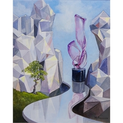 MS UI Gothic Vase in an Abstract Landscape, oil on board signed by Don Micklethwaite (British 1936-) 49cm x 39cm  Notes: study of Murano amethyst glass sculpture by Renato Anatra - lot 2081in  20th century design sale  