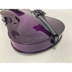 Intermusic 3/4 violin with a violet coloured solid wood body, ebonised fingerboard and fittings, bow and hard case, length 54cm
