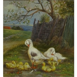  William Henderson of Whitby (British 1844-1904): 'Geese and Goslings Outside Wheathill Farm Goathland', oil on board signed, titled verso 19cm x 17.5cm  