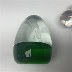 Pair of Victorian green glass dump paperweights with air bubble inclusions, together with Caithness paperweight and three other paperweights, dump H15cm