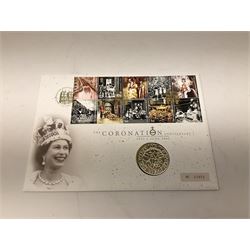 Twenty-one five pound coin covers, including 'The Coronation Anniversary' 2003, 'Horatio Nelson and The Battle of Trafalgar' 2005, 'Her Majesty The Queen's Eightieth Birthday' 2006, etc