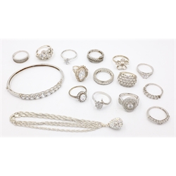  Silver cubic zirconia and stone set rings, pendant necklace and bangle all stamped 925 (16)  