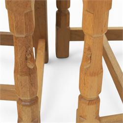 Mouseman - set of four oak lattice back chairs with tan seat with brass studded trim, with carved mouse signature, by the workshop of Robert Thompson of Kilburn