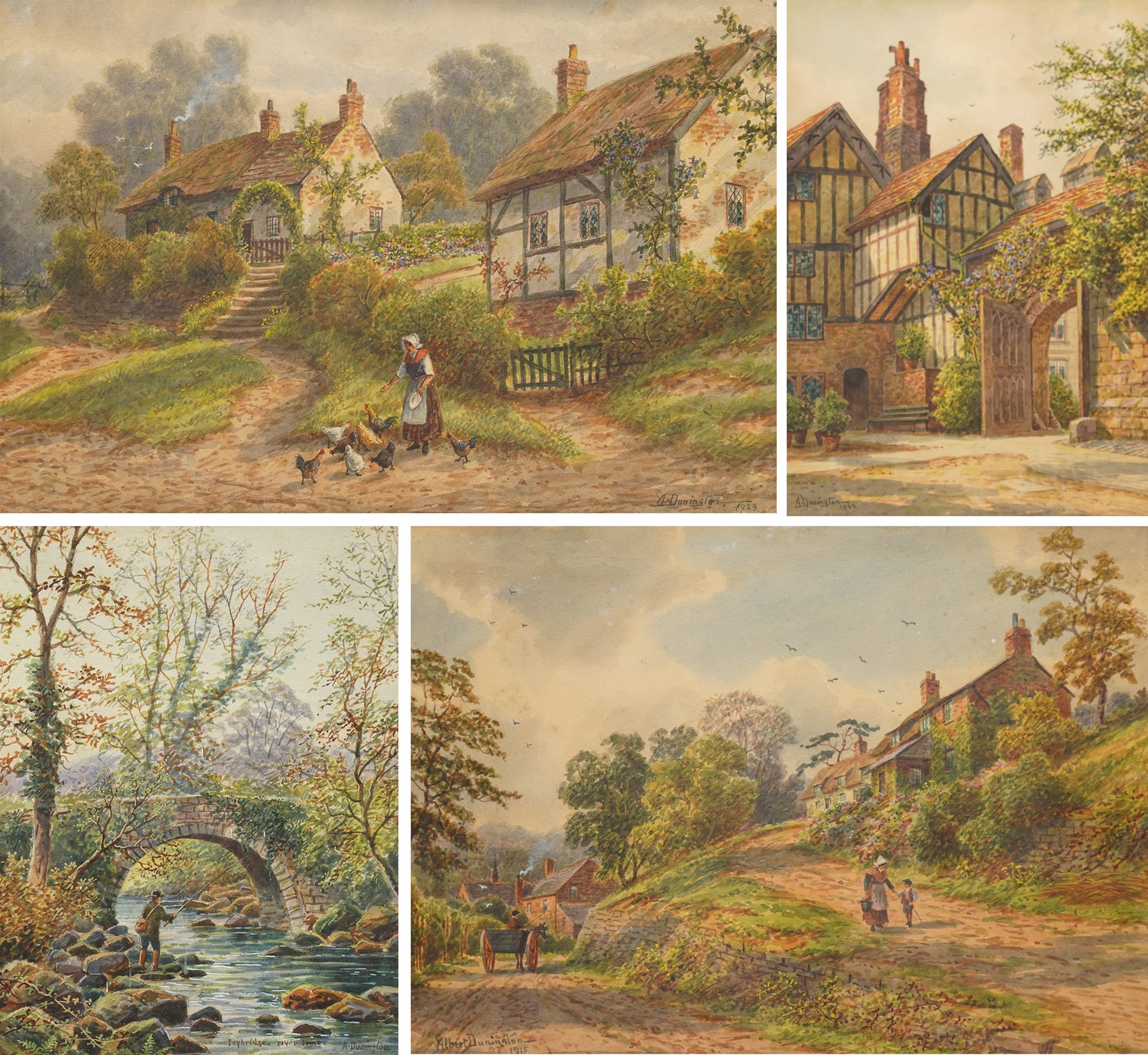 Albert Dunnington (British 1860-1928): Countryside Views and Angler by a Bridge, four watercolours signed and three dated 1915-23, three in matching frames max 25cm x 35cm (4)