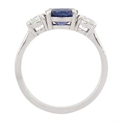 Platinum three stone sapphire and round brilliant cut diamond ring, sapphire approx 1.40 carat, total diamond weight approx 0.65 carat