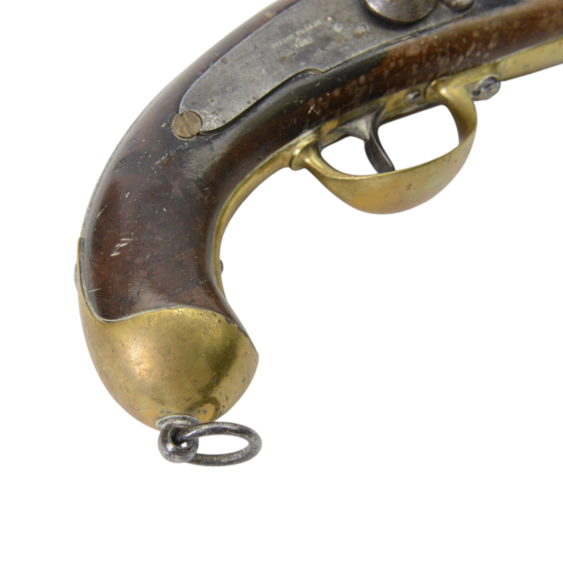 19th century percussion pistol, with round 22cm unsighted barrel with octagonal base, backwards spring lock signed 'PIRLOT FRERES LIEGE'; wooden full stock with brass mounts, belt hook, overall L36cm