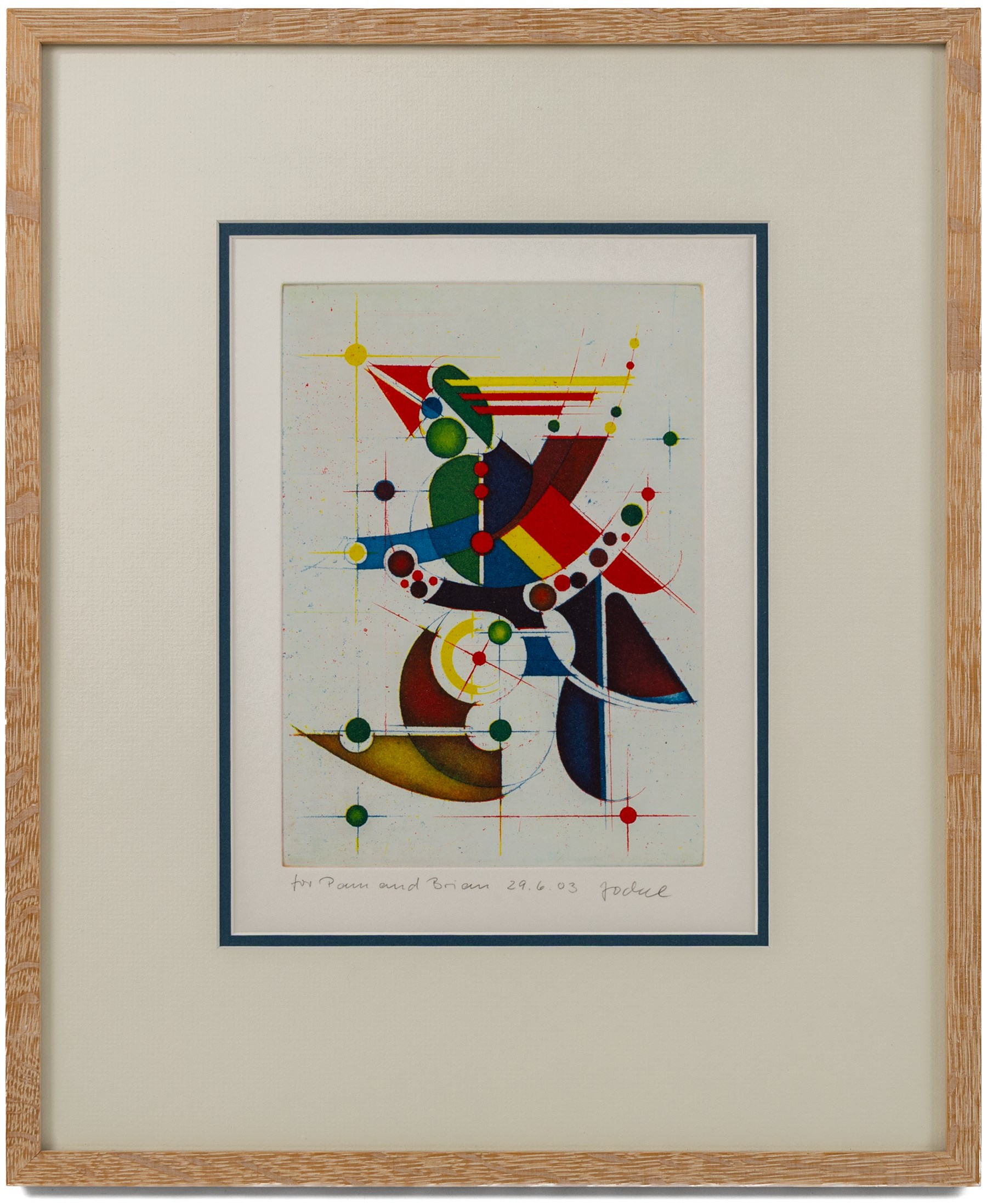Hans-Joachim 'Jockel' Reisner (German 1938-2023): 'Arche Noah' and Geometric Abstract, pair of coloured etchings signed and dated 1998 and 2003, one titled in pencil 22cm x 15.5cm (2)
Notes: Reisner is best known for creating the Bradford City Fire Memorial in 1986. His style of printmaking is characterised by geometric lines and shapes, influenced by his degree in engineering.