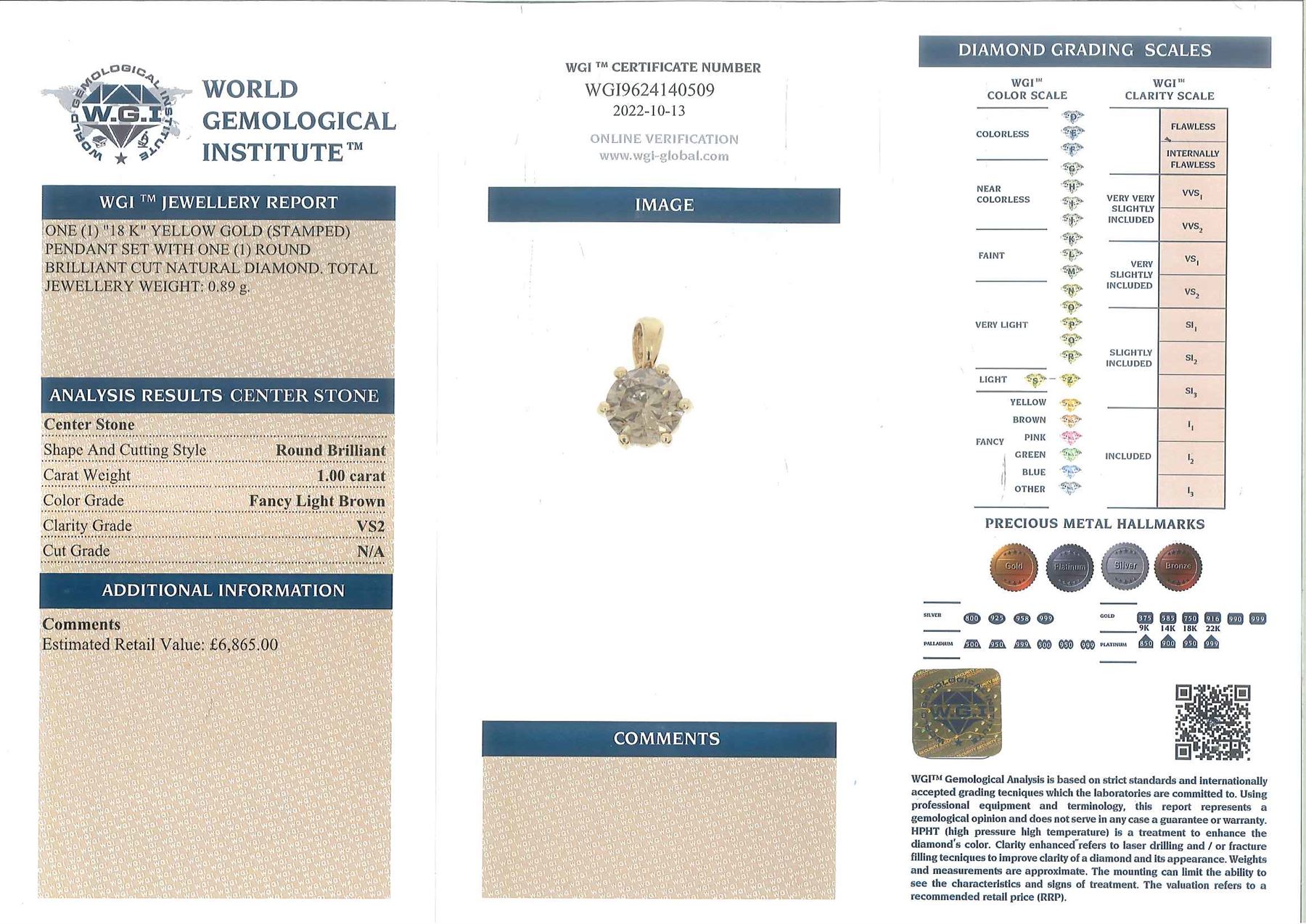18ct gold round brilliant cut fancy light brown diamond pendant, stamped 750, on silver-gilt chain necklace, diamond 1.00 carat, with World Gemological Institute report