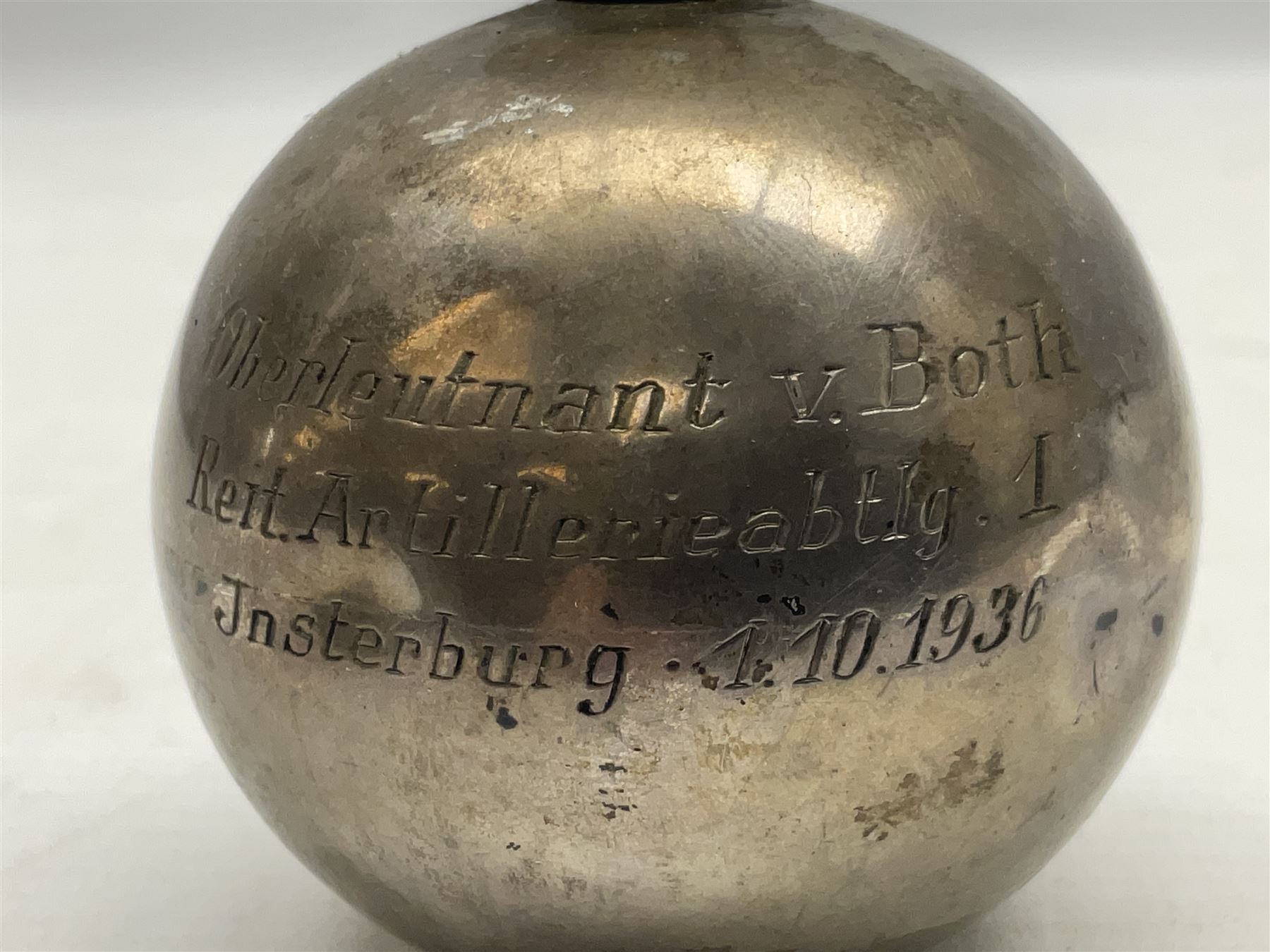 Pre-WW2 German presentation silver mess cigar lighter in the form of a flaming globular grenade with flambe finial inscribed 'Oberleutnant v.Both Reit. Artillerieabtlg. 1 Jnsterburg 1.10.1936' and 'R1' verso; marked 'Moon Crown 835 D. Gadebusch' H10cm