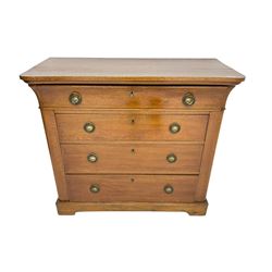 19th century French oak chest, cavetto frieze drawer over three long drawers, each with pressed brass handle plates decorated with central urns and ring handles