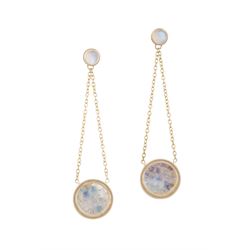 Pair of 18ct gold rainbow moonstone pendant earrings, cabochon and carved scale design by Ouroboros