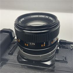 Canon A-1 camera body, serial no. 341014, with 'Canon FD 50mm 1:1.4 S.S.C.' lens, serial no. 12077119 and motor drive MA