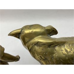 Large brass figure of a hereford bull, together with a brass figure of a blacksmith, bull H15cm