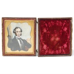 English School (19th Century): Gentleman in his Study, miniature watercolour on ivory unsigned, housed in leather case with embossed foliate decoration, case H9cm W8cm This item has been registered for sale under Section 10 of the APHA Ivory Act