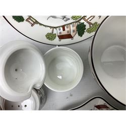 Nine pieces of Coalport and Crown Staffordshire Hunting Scene porcelain including three-piece condiment set, pair of pin dishes, bowl, vase etc