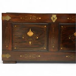 Pair of late 19th century colonial hardwood and brass inlaid chests, each rectangular with hinged top and brass strapping, floral and urn pattern inlay to the panels, with pierced brass side handles, fitted baize-lined butlers tray