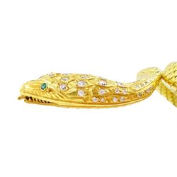 18ct gold coiled diamond snake bangle, the head set with round cut diamonds and emerald eyes, to an expanding articulated body, stamped Brevete S.G.D.G.