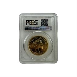 Queen Elizabeth II 2016 one ounce fine gold one hundred pounds Britannia coin, encapsulated and graded by PCGS 'MS69'