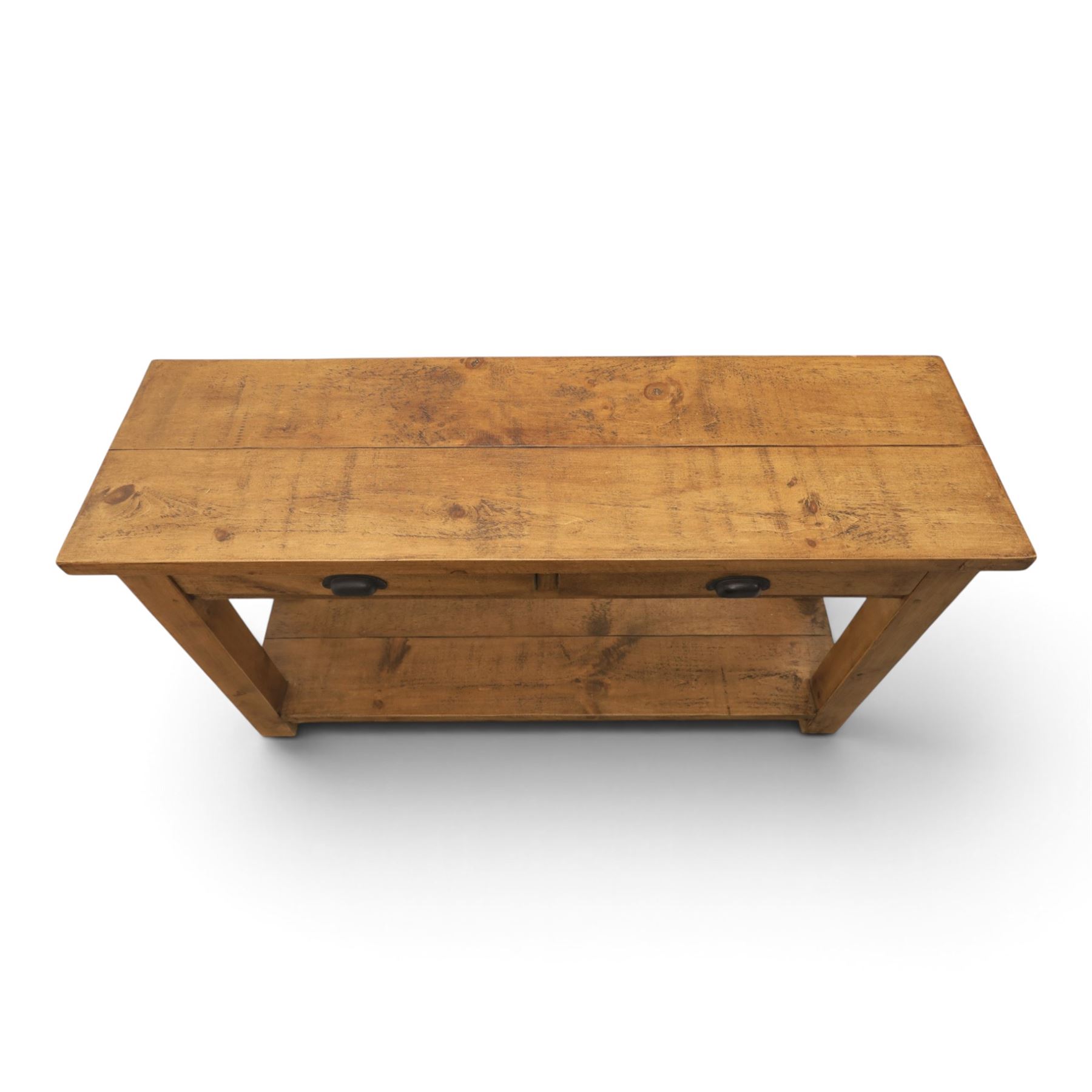 Indigo Furniture - rustic oak console table, two frieze drawers metal cup handles, stile supports with full length undertier