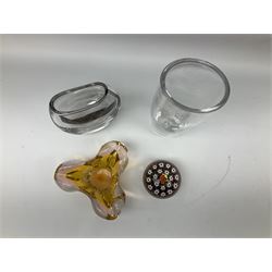 Vicke Lindstrand for Kosta glass vase of flattened ovoid form, the body with deep purple band from rim to rim, signed LH 1242 beneath, together with Orrefors glass vase, engraved with female figure with birds, signed beneath, art glass bowl and paperweight (4) tallest H23.5cm