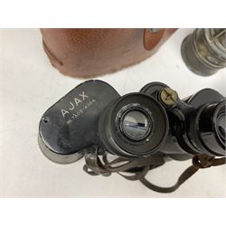 Pair of Lemaire Fabi of Paris mother of pearl opera glasses, together with Ajax 10 x 50 Ajax binoculars, four wooden planes, mining lamp and clay pipe 