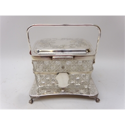  Victorian silver-plate biscuit barrel by Boardman Glossop & Co Sheffield, the hinged cover and stand engraved foliate decoration, rectangular cut glass liner, swing handle and pierced gallery with vacant cartouche, raised on paw feet, L20cm x H16cm   