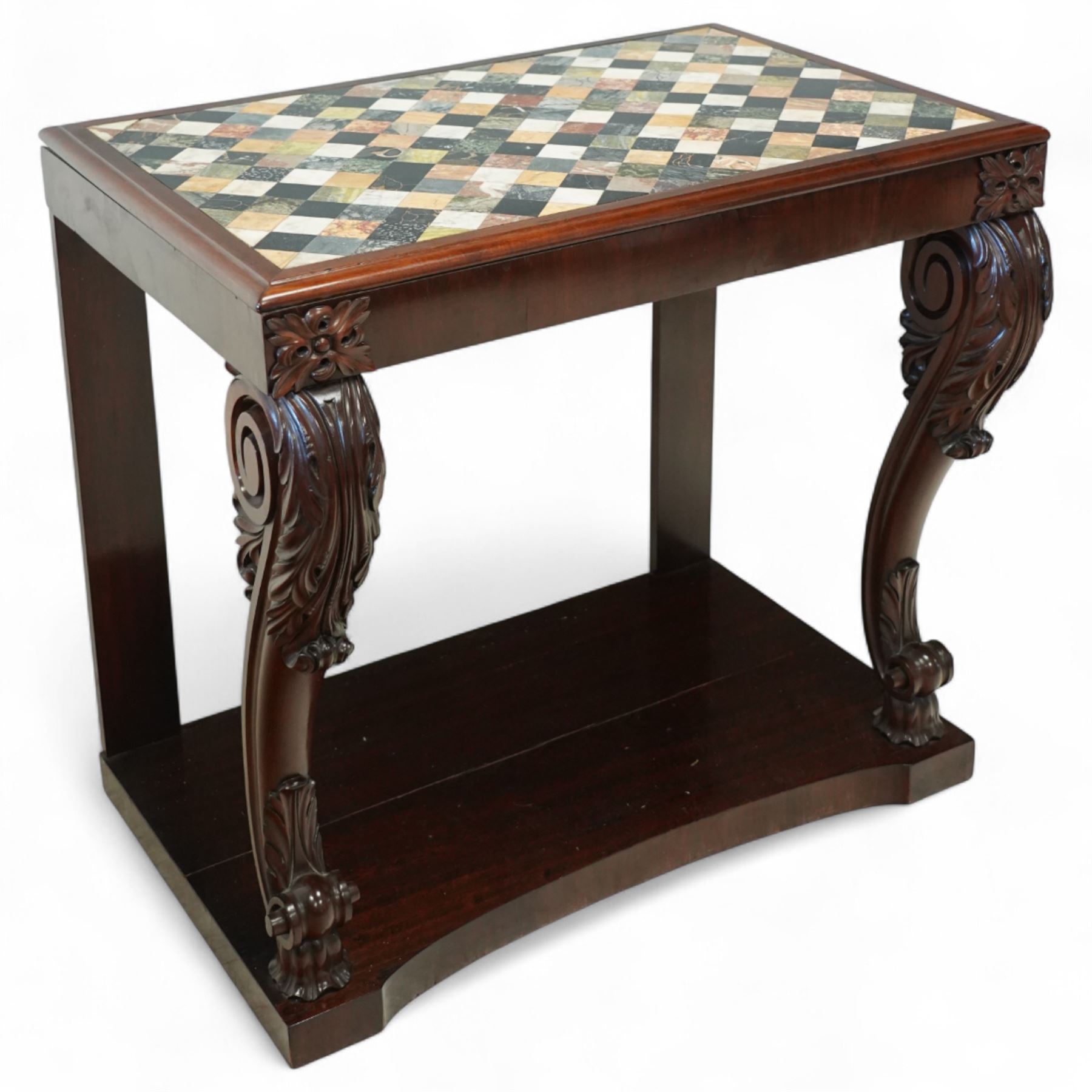 Regency style late 19th century mahogany and Italian specimen marble top console table, rectangular top inlaid with a chequered arrangement of various coloured marbles within a mahogany border, above a plain frieze raised on bold acanthus carved scroll supports over a concave plinth base