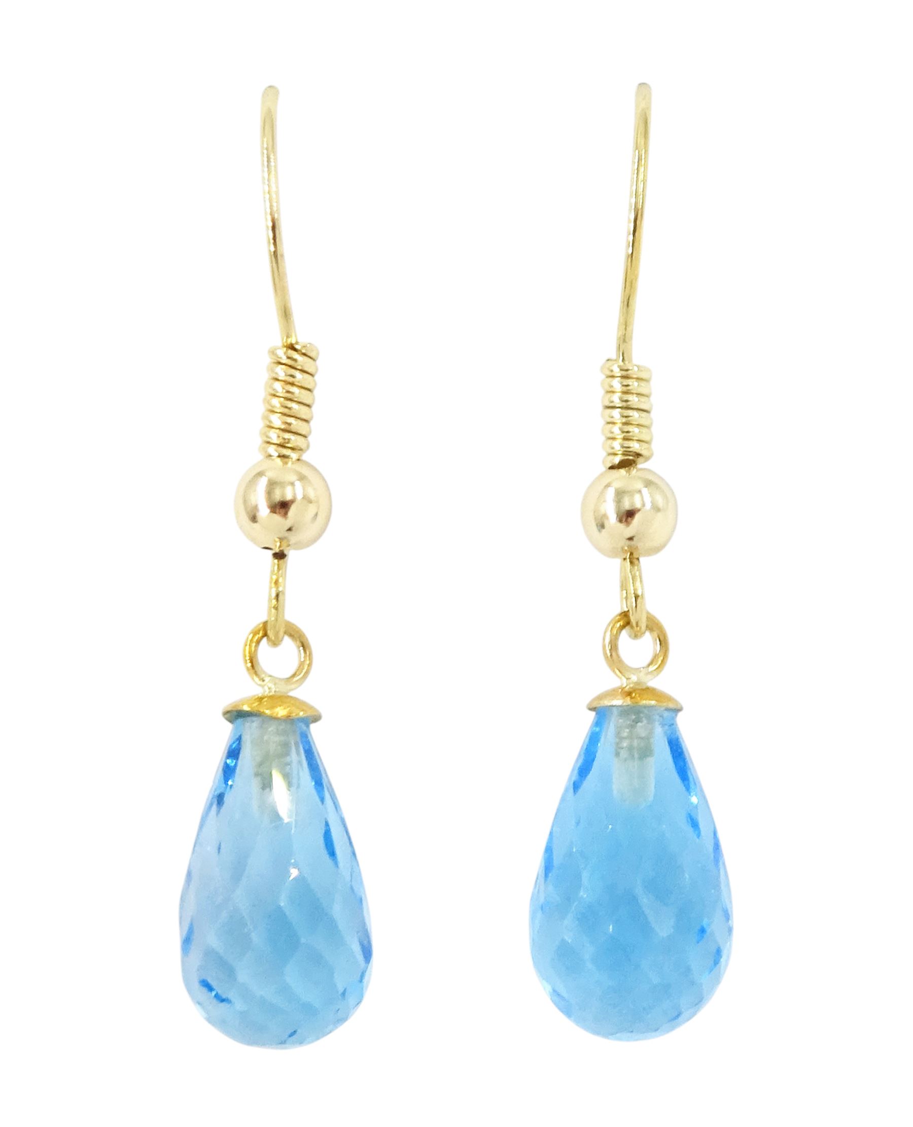 Pair of 9ct gold briolette cut Swiss blue topaz earrings, stamped 375