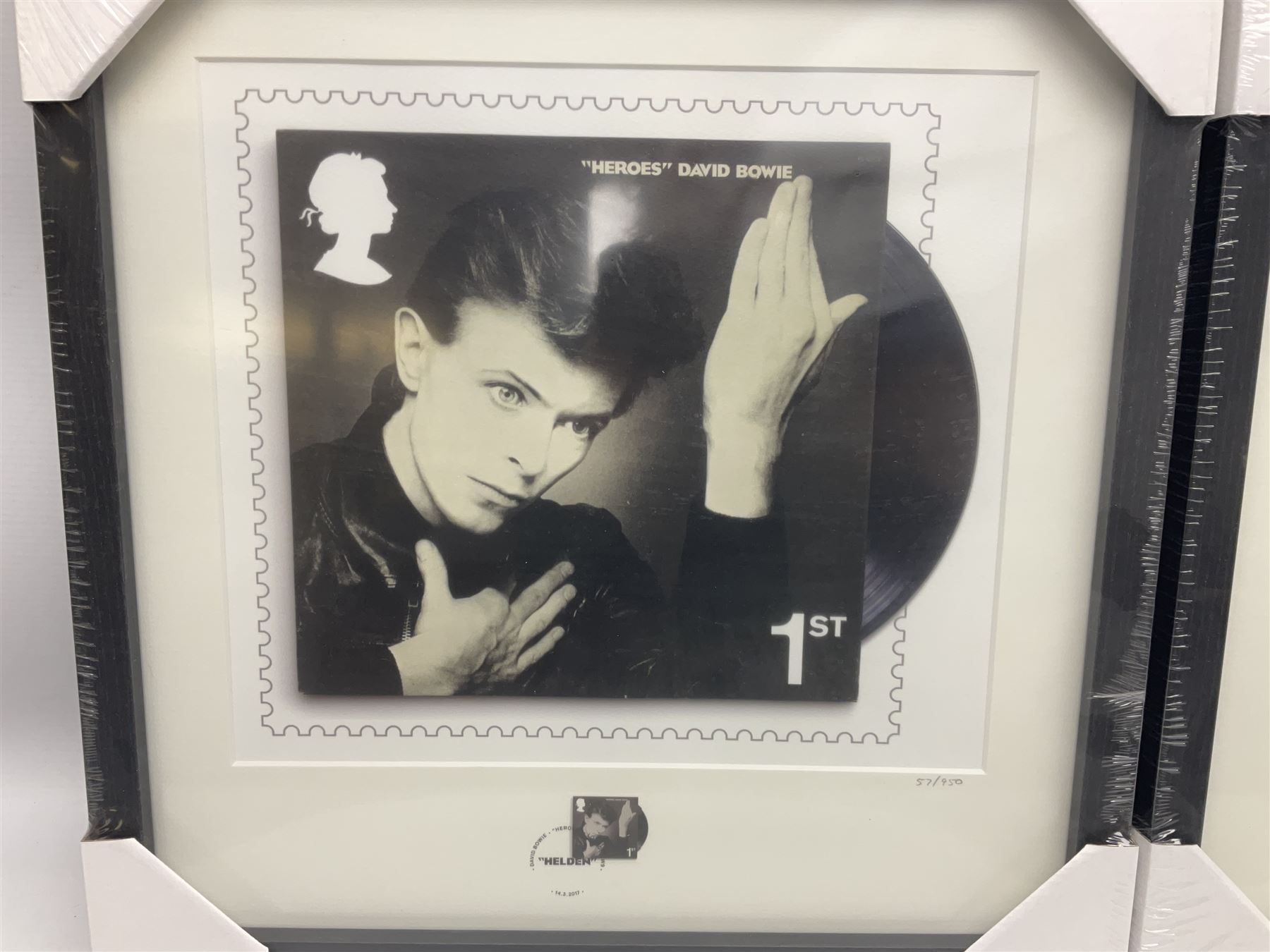 Set of four Royal Mail David Bowie limited edition album stamp prints, comprising Blackstar, Heroes, Let's Dance and Aladdin Sane, all framed and in original packaging, H43cm W43cm