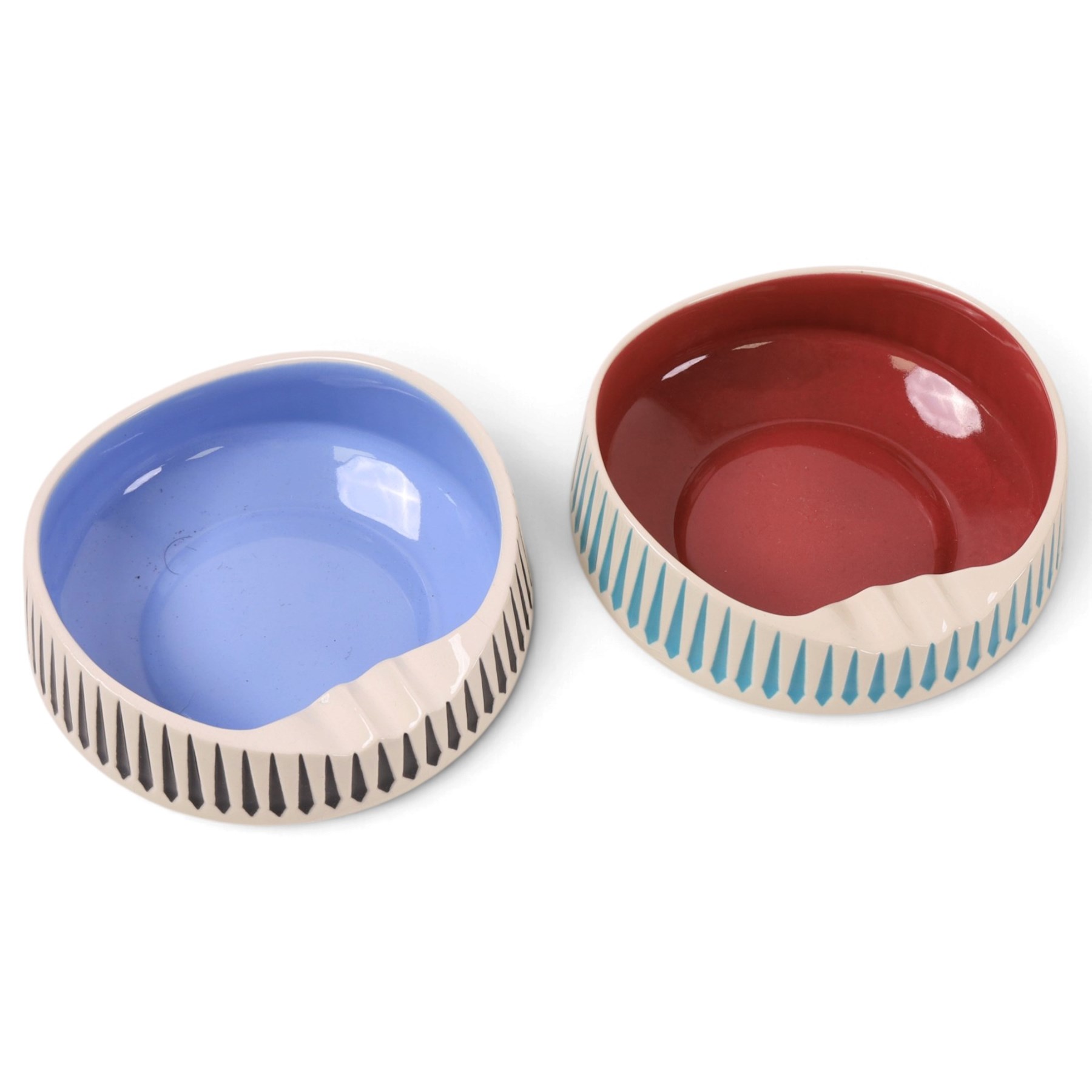 John Clappison for Hornsea pottery, four ashtrays and two twin handled vases, each with brightly coloured stripes on a white ground, largest vase H12cm
