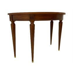 Contemporary cherry wood demi-lune console table, on tapering turned supports with fluting