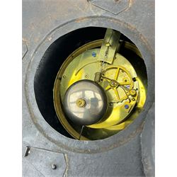 Honore Pons of Paris -  A good and early 19th century Tole Ware wall clock c1830, with a later re-decorated case suspended from a circular brass hanger, cast brass dial bezel and silvered engine turned dial with roman numerals, minute track and steel moon hands, 8-day twin train countwheel striking movement with a silk suspension, striking the hours and half hours on a bell. With pendulum and key.
