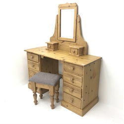 Pine twin pedestal dressing table, eight drawers, plinth base (W130cm, H80cm, D51cm) a dressing mirror with two trinket drawers and a stool