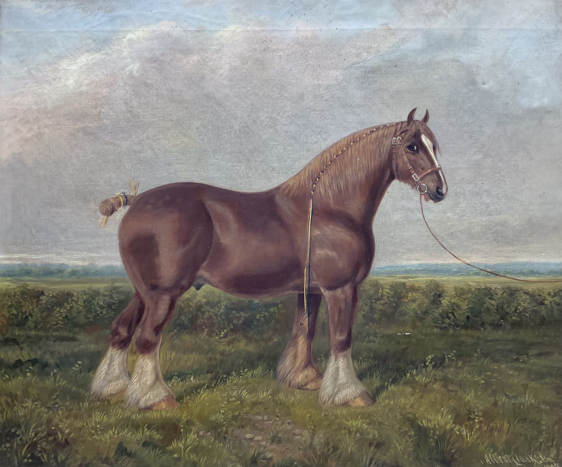 Albert Clark Snr. (British 1821-1909) and Albert James Clark (fl.1890-1943): 'Royal Sandy' Portrait of a Shire Horse in Landscape, oil on canvas signed  'Albert Clark and Son' and dated 1895, original artist's visiting card verso 50cm x 60cm