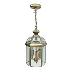 Hexagonal brushed metal and bevelled glass panelled lantern light fitting, H38cm
