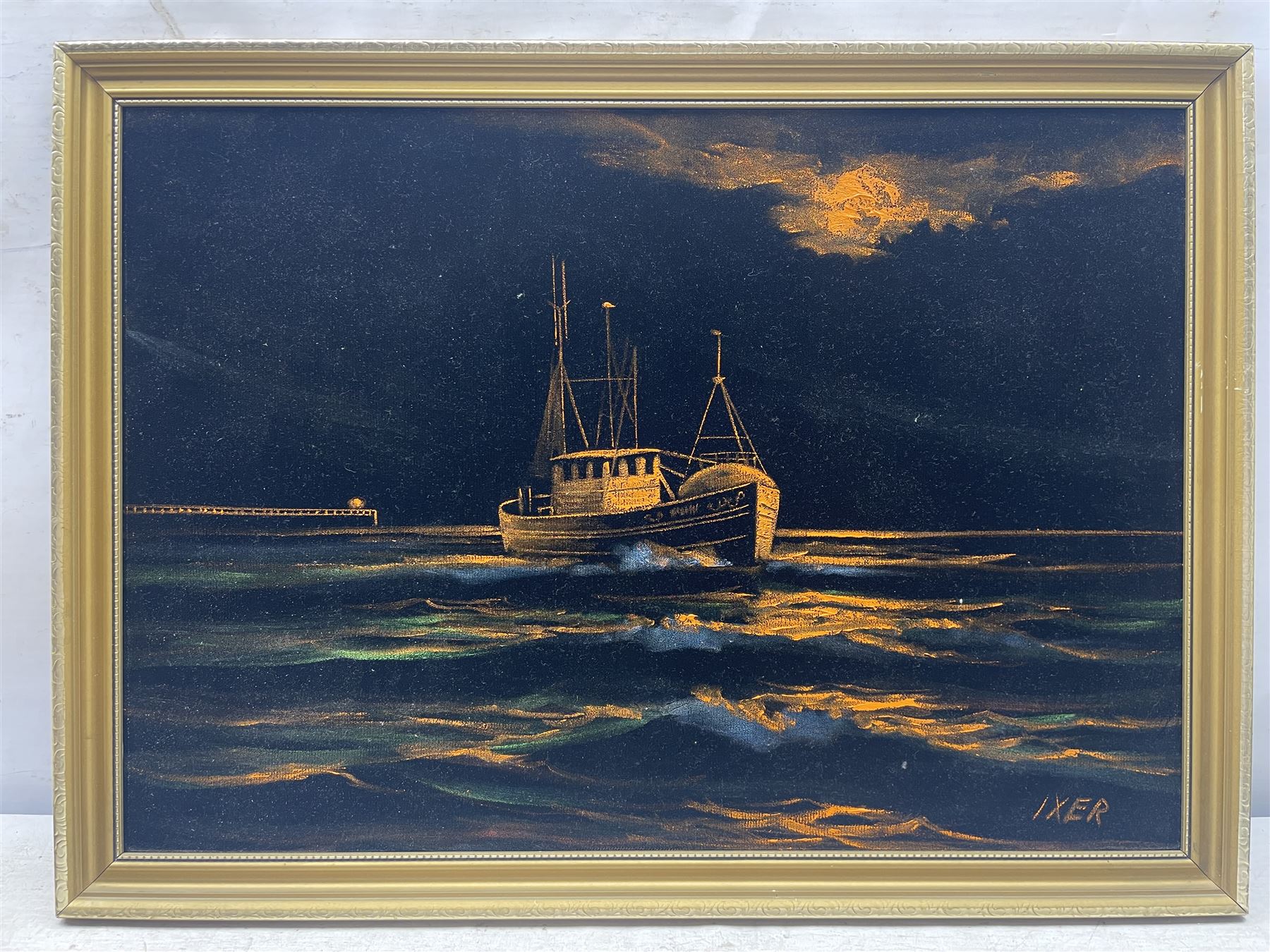 Robert Ixer (British 1941-): Coming out of Whitby Harbour, oil on fabric signed 42cm x 60cm 