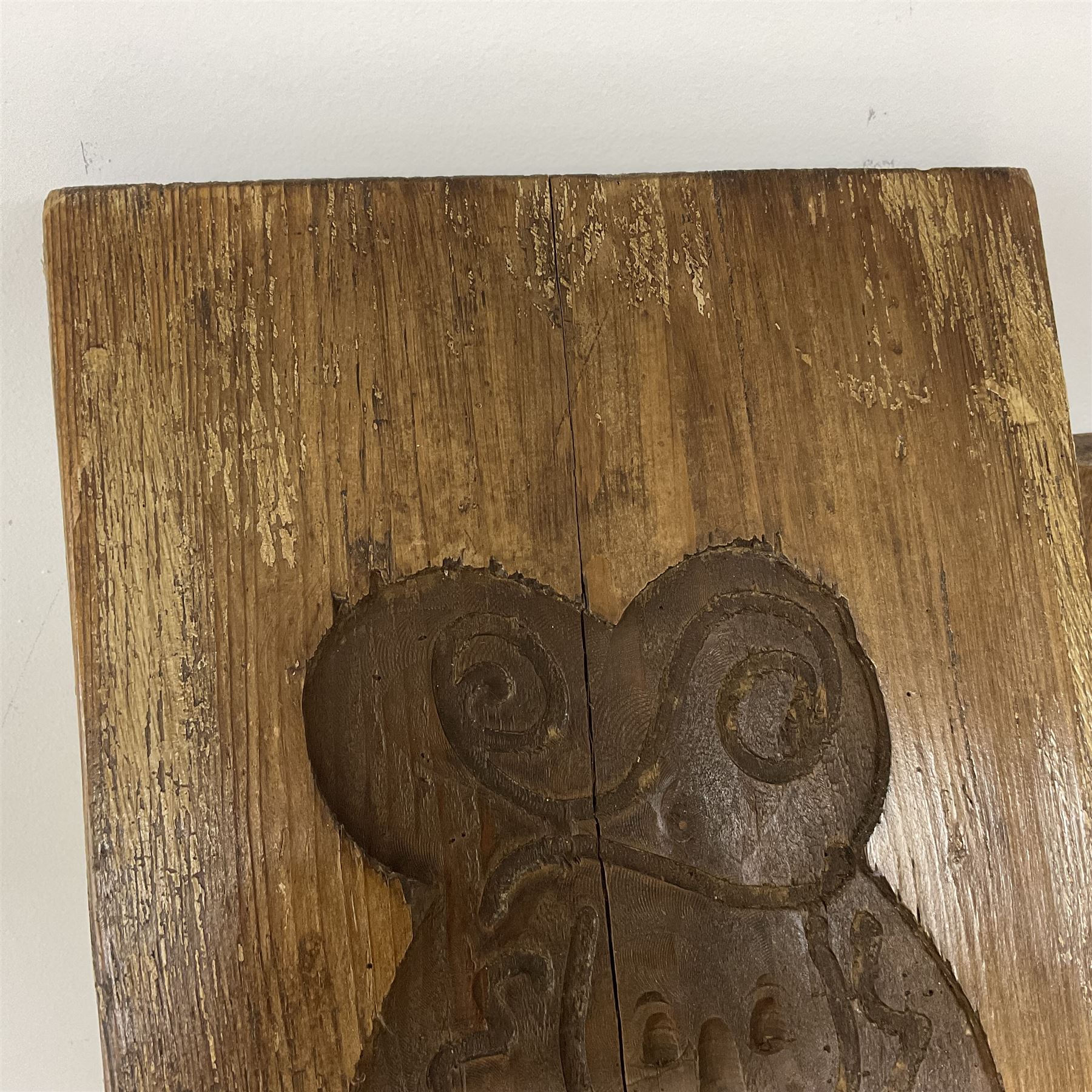 Two 20th century hardwood Dutch folk art Speculaasplank or biscuit moulds, typically carved with figures in traditional dress, largest H101cm