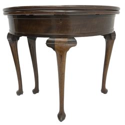 19th century walnut demi-lune side table, hinged two leaf top revealing storage well and flat surface, single gate-leg action base, on cabriole supports with pointed feet