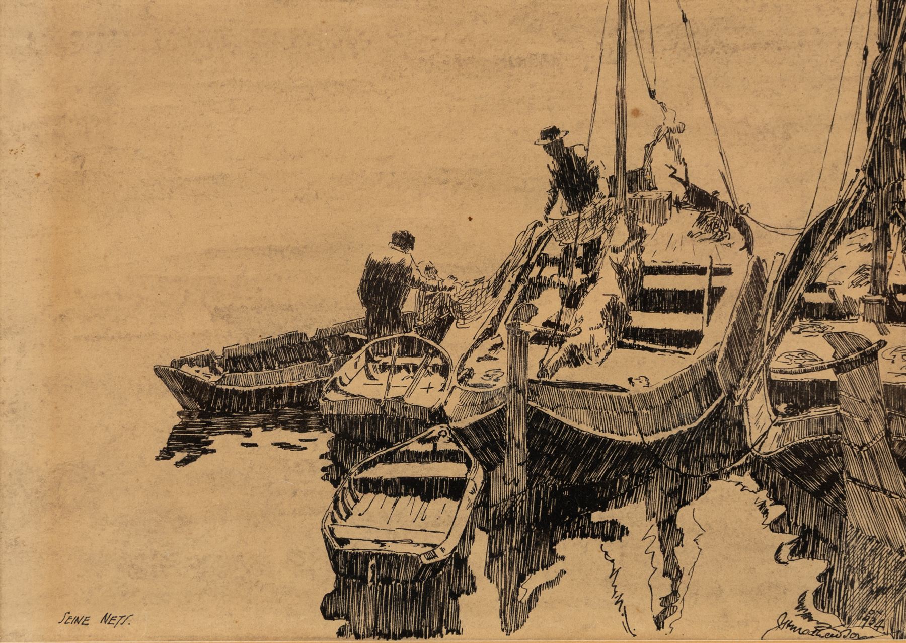 Matthewson (20th Century) after Arthur John Trevor Briscoe (British 1873-1943): Hove - To and Seine Nets, pair of pen and ink drawings indistinctly signed titled and dated 17/10/34 and 1934 (2)