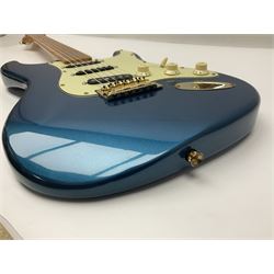 Fender Stratocaster style electric guitar in metallic blue with Rio Grande pick-ups and Fender back-plate L98cm; in Fender soft carrying case