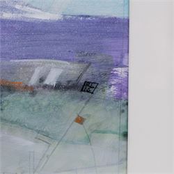 Russell Lumb (British 1946-): 'Thornton', mixed media semi-abstract map of Thornton-le-Dale titled, signed with monogram and dated '15, artist's address label verso 34cm x 29cm