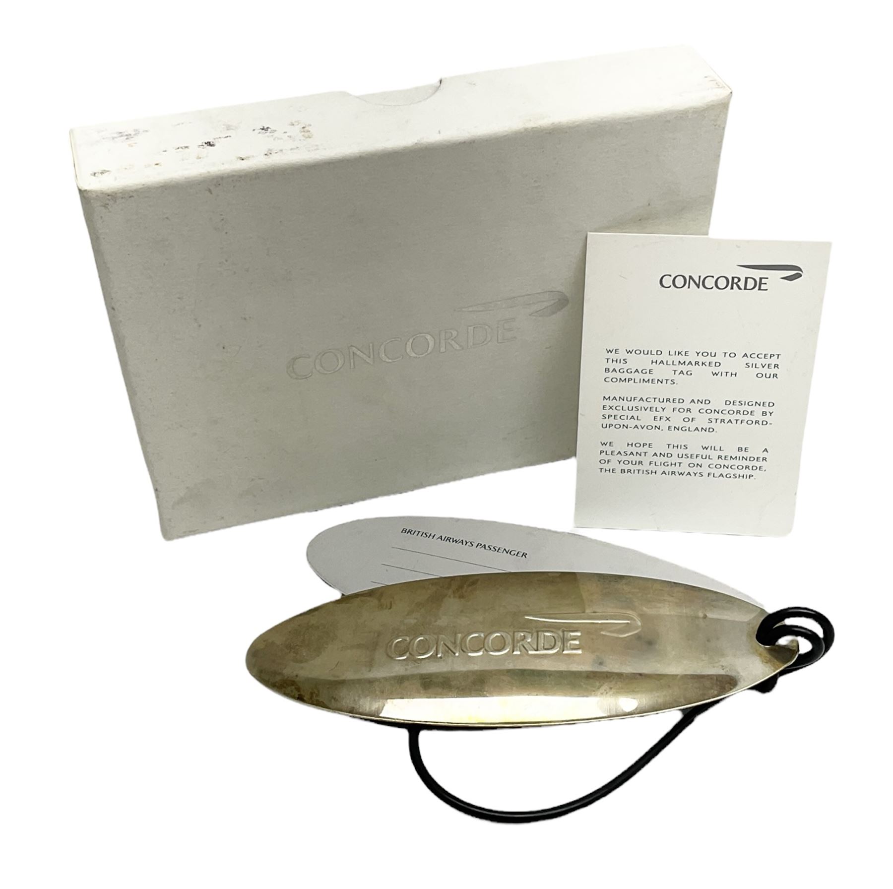 Concorde British Airways hallmarked silver luggage tag, stamped Birmingham 1998, with box